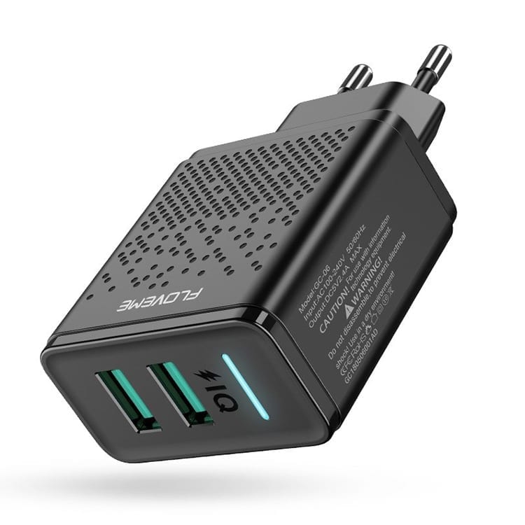 FLOVEME 5V 2.4A Dvojni USB prenosni polnilec za telefon EU, Črni