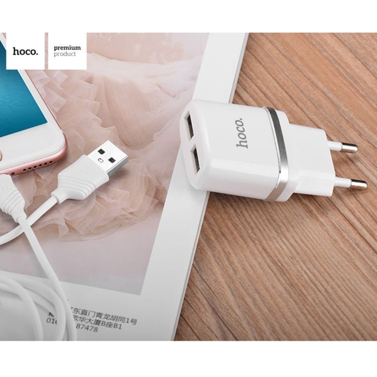 HOCO c12 stenski adapter + lightning usb kabel bel