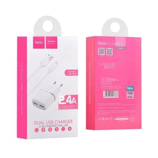 HOCO c12 stenski adapter + lightning usb kabel bel - slika 3