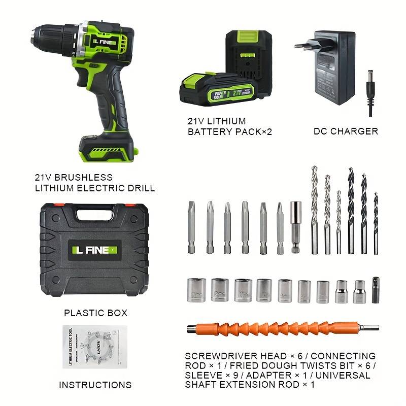 LFINE Drill Pro 21V akumulatorski vrtalnik/vijačnik, 2x baterija, komplet pripomočkov