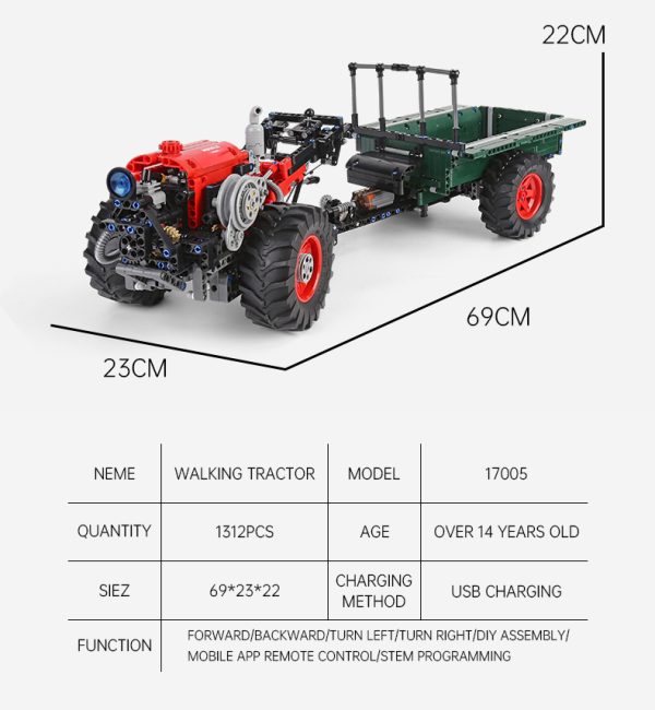 Mould King 17005 Traktor, kocke za sestavljanje, velik model, motoriziran pogon, 1312-delni - slika 6