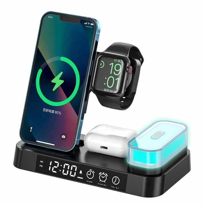 NightCharge A37 budilka z brezžičnim polnilcem 6 v 1, 30W Hitro Polnjenje, Prenosna nočna lučka, Črna