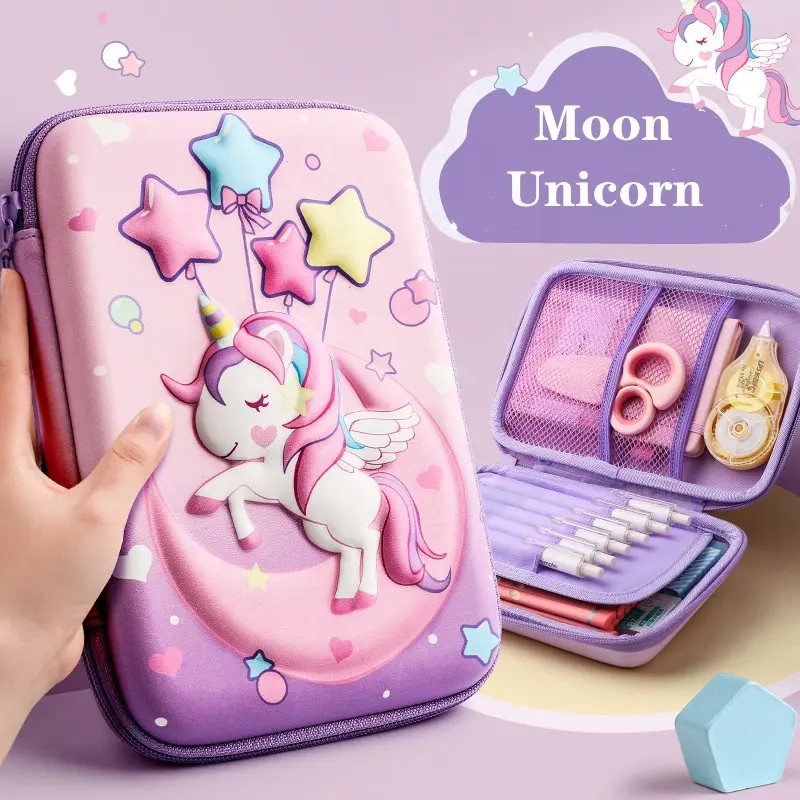 Premium velika trda šolska peresnica EVA 3D moon unicorn - prazna