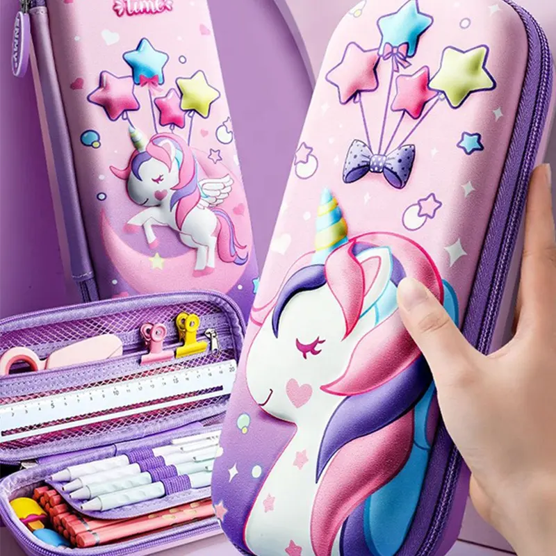 Premium trda šolska peresnica EVA 3D Pink Unicorn - prazna
