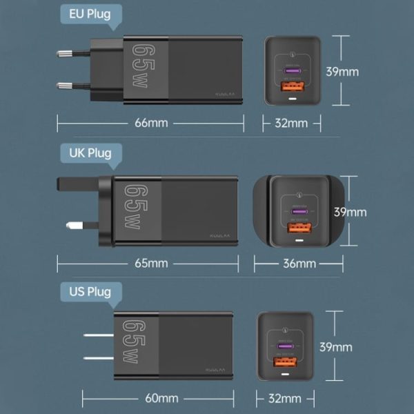 Prenosni polnilni adapter Kuulaa 65W GaN QC3.0 in USB PD - Bel - slika 11