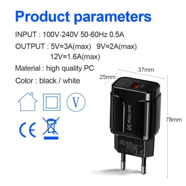 Stenski polnilni adapter FastCharge QC3.0 18W - Črn - slika 5